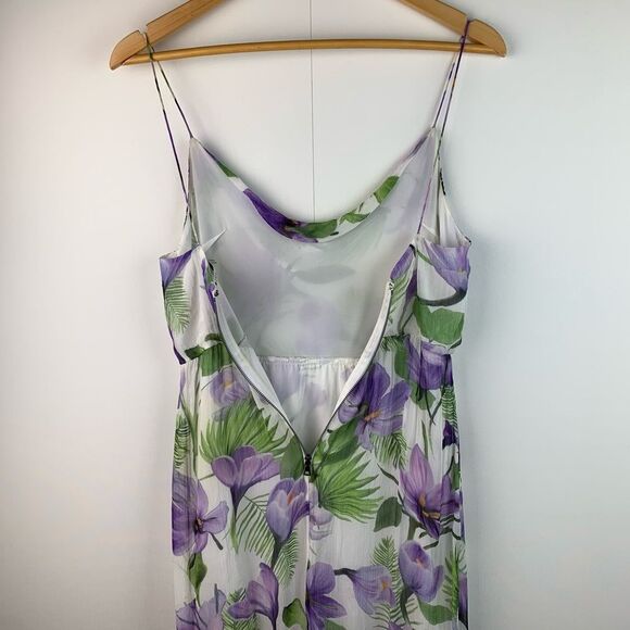 ALICE + OLIVIA White Purple Green Floral Print Cowl Neck Ruffle Slit Dress Sz 0 - Picture 9 of 13